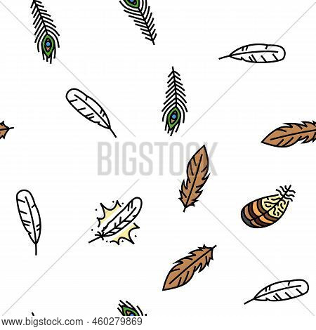 Feather Bird Soft Quil Fluffy Vector Seamless Pattern Thin Line Illustration