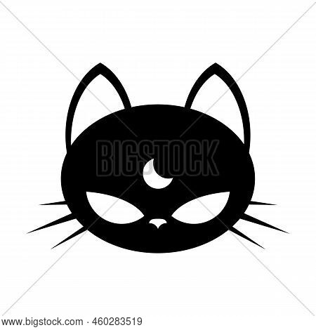 Magical Black Cat. Cartoon Face Character. Cat Head Sticker. Vector Illustration Isolated On White B