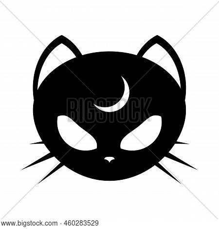 Magical Black Cat. Cartoon Face Character. Cat Head Sticker. Vector Illustration Isolated On White B