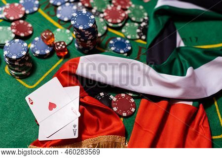 Poker Chips, Emirates Flag On Blackjack Table