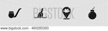 Set Smoking Pipe, Bottle With Message Water, Location Pirate And Bomb Ready To Explode Icon. Vector