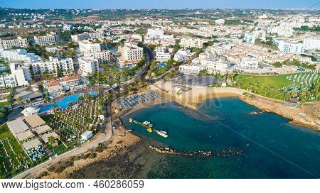 Aerial Bird's Eye View Of Pernera Beach In Protaras, Paralimni, Famagusta, Cyprus. The Famous Touris
