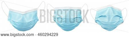 Set Of Blue Medical Protective Face Or Surgical Masks Isolated On White Background With Clipping Pat