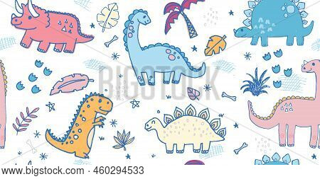 Happy Doodled Dinos Seamless Vector Pattern.\nthese Hand-drawn Dinosaur Characters Are Super Cute An