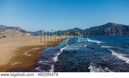 Aeriel Scenic Drone View  To Iztuzu Beach And The Dalyan River Delta Or Lake Sulungur. Explore Natur
