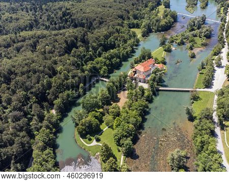 Romantic Otocec Castle On Krka River In Slovenia. Drone View.