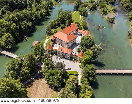 Romantic Otocec Castle On Krka River In Slovenia. Drone View.