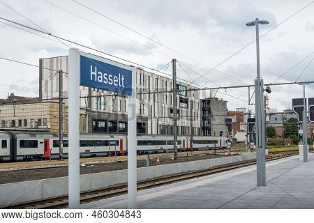 Hasselt, Limburg - Belgium - 06.20.2021. Train Platform At Hasselt Railway Station. City Name Letter