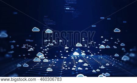 Cloud And Edge Computing Technology Connectivity Concept. Binary Code Polygons And Small Cloud Icons