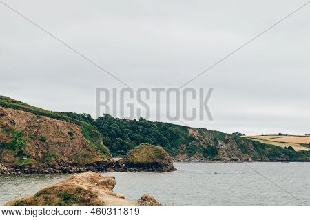 Rocky Coastline Near Par Beach And Polkerris Beach During Cloudy Rainy Day, Gribbin Head, Cornwall, 