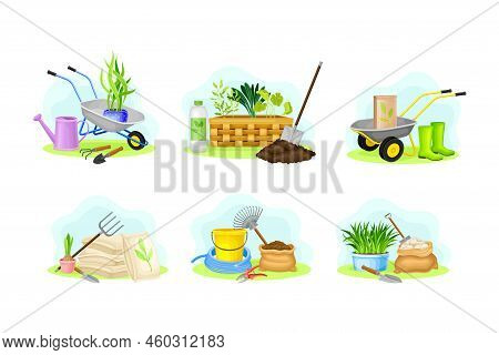 Garden Tools Set. Sack Of Soil, Wheelbarrow, Watering Can, Shovel, Rake And Seedlings Agricultural O