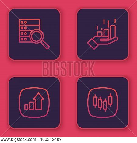 Set Line Server, Financial Growth, And Browser With Stocks Market. Blue Square Button. Vector