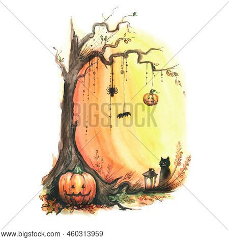 Halloween. A Tree With Pumpkins, A Spider, A Spider Web And A Bat, A Cat And A Flashlight On An Oran