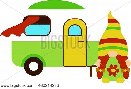 Camping Gnome Svg Vector Illustration Isolated On White Background. Camper Gnome Near The Car. Happy