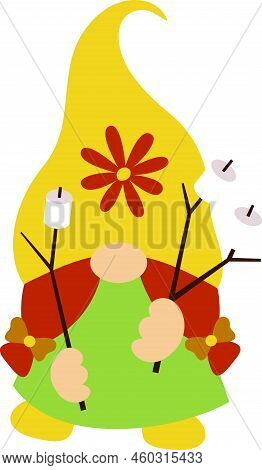Camping Gnome Svg Vector Illustration Isolated On White Background. Camper Gnome With Marshmallows.