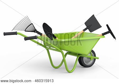 Garden Wheelbarrow With Garden Tools Like Shovel, Rake And Fork On White Background. Handcart Or Car
