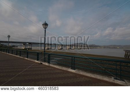 Bahia De Caraquez, Manabi / Ecuador - August 20 2022: Vehicles Traveling On The Bridge That Connects