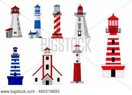 Set Of Lighthouse Tower Isolated Or Colorful Searchlight For Maritime Navigation Or Light Beam Rescu