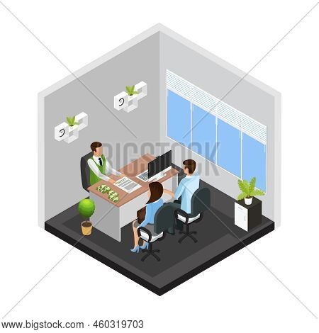 Isometric Credit Issue Template With Customers Talking With Manager About Getting Loan From Bank Iso