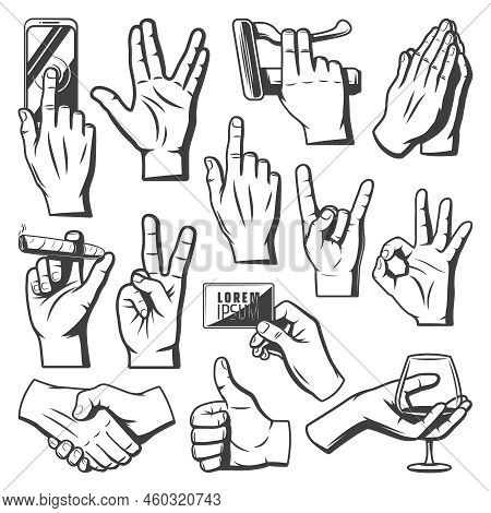 Vintage Hands Collection With Greeting Salute Praying Indicate Ok Goat Handshake Mobile Touch Cigaro
