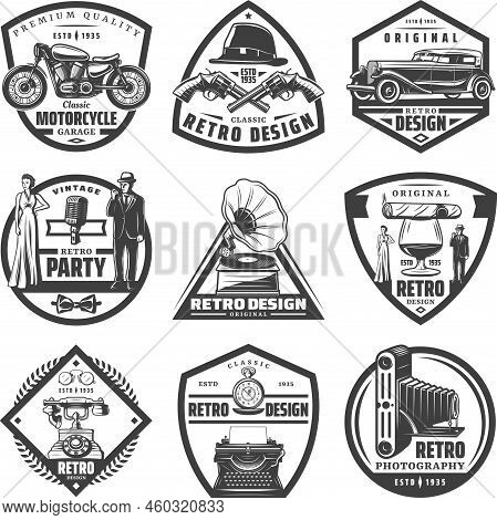 Vintage Retro Labels Set With Motorcycle Car Guns Hat Gentleman Woman Typewriter Gramophone Cigaro C