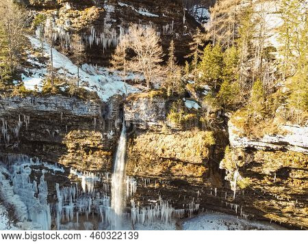 Aerial View Of Pericnik Slap Or Pericnik Waterfall In Winter Time, Triglav National Park, Slovenia. 