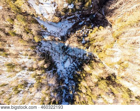 Aerial View Of Pericnik Slap Or Pericnik Waterfall In Winter Time, Triglav National Park, Slovenia. 