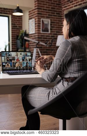 Business People Attending Videocall Conference Online On Laptop With Webcam, Talking On Remote Telec