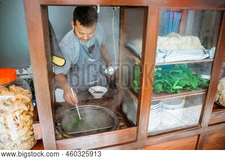 Man Seller Boiled Vegetables When Prepare Chicken Noodle Dish