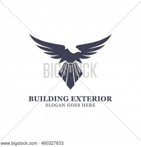 Hawk Building Exterior Logo With A Combination Of A Eagle With A Buildings As Its Tail, Very Good Fo