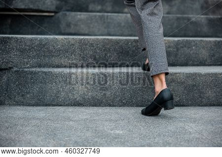 Stepping Going Up Stairs In City, Closeup Legs Of Businesswoman Hurry Up Walking On Stairway, Rush H