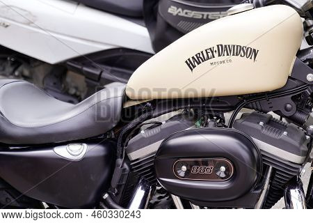 Bordeaux , Aquitaine  France - 08 20 2022 : Harley Davidson Logo Brand On Tank Fuel White 883 1200 W