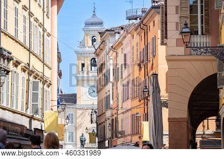 Parma, Italy - May 2022: Parma City Center, Via Farini And The Central Square: Piazza Garibaldi, Ita