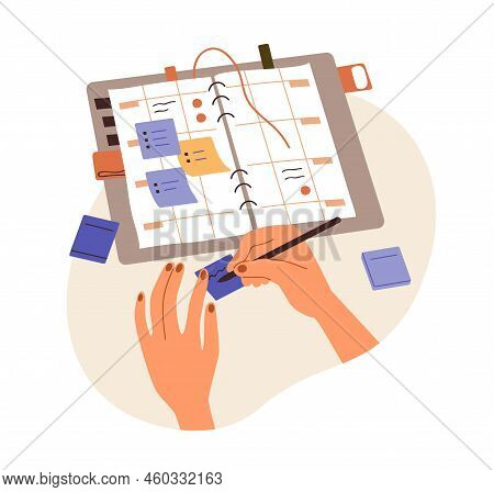 Writing Plans On Sticky Memo Notes, Making Schedule In Paper Planner, Notebook. Hands With Pen And P