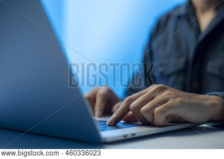 Person Are Using Laptops, Working Or Studying Online At Home. Businessman Using Laptop Work Outside 