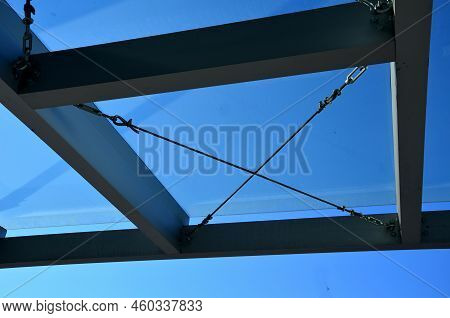 Strut, Suspended Glass Roof Above The Building Entrance. Bus Station, Railway Station. Cable Wind Br