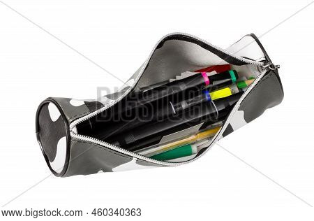 Open Pencil Case Isolated On White Background. Khaki School Pencil Case. The Pencil Case Is Ready To
