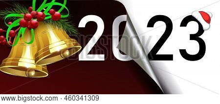 Happy New Year 2023, Christmas Composition Folded Leaf, Green Tree With Golden Bells.