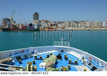 A Ferry Enters The Port Of Durres On Albania