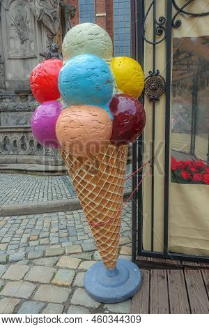 Wroclaw, Poland - June 21, 2019: Colorful Plastic Ice Cream Cone, Close-up View