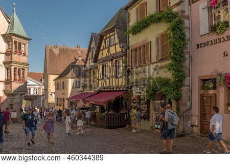 View Along A Street In The Medieval Village Of Riquewihr, Alsace, France