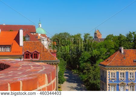 Warsaw, Poland Panoramic View Of Barbican Or Barbakan Wall And Old Town Houses