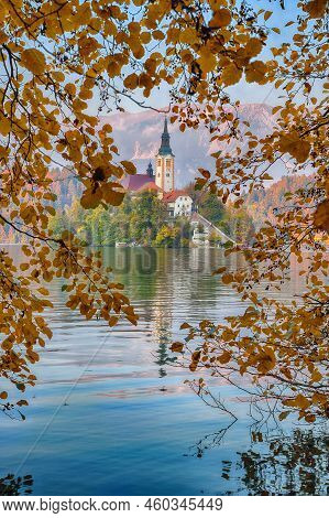 Astonishing Sunset View Of Popular Tourist Destination  Bled Lake. Dramatic View Of Pilgrimage Churc