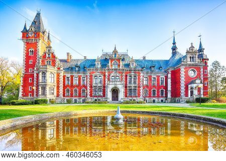 Breathtaking Autumn Landscape With Plawniowice Palace. Popular Tourist Destination. Location: Plawni