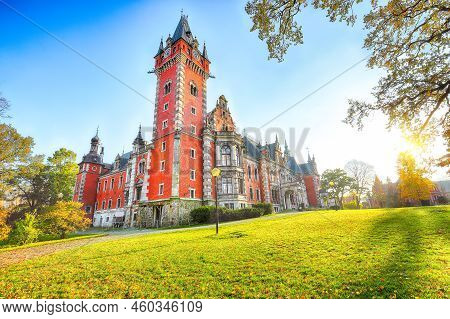 Breathtaking Autumn Landscape With Plawniowice Palace. Popular Tourist Destination. Location: Plawni