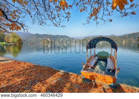 Gorgeous Sunny Day View Of Popular Tourist Destination  Bled Lake. Dramatic View Of Pilgrimage Churc