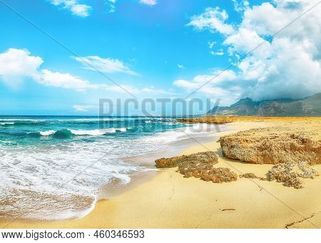 Picturesque Seascape Of Isolidda Beach Near San Vito Cape. Popular Travel Destination Of Monte Cofan