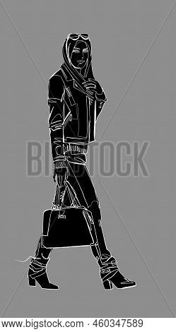 Woman In Jeans Walking, Street Fashion, Sketch, White Continuos Line, Black Silhouette