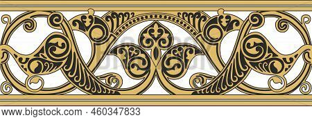 Vector Seamless Colored Gold Arabic National Ornament, Border, Frame. Endless Vegetablepattern Of Ea