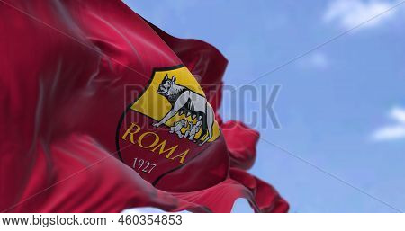 Rome, Italy, July 2022: The Flag Of As Roma Waving. As Roma Is A Professional Football Club Based In